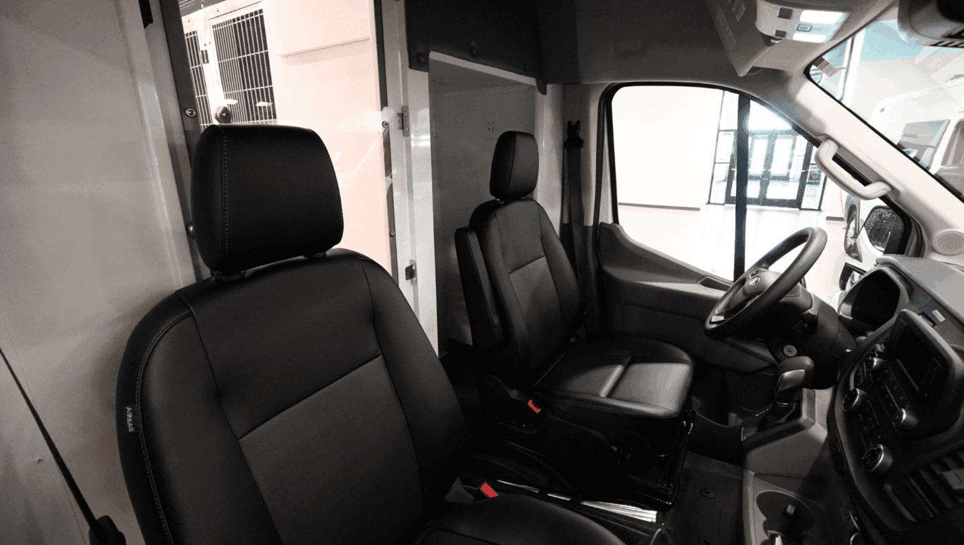 Front cab of pet transport van.