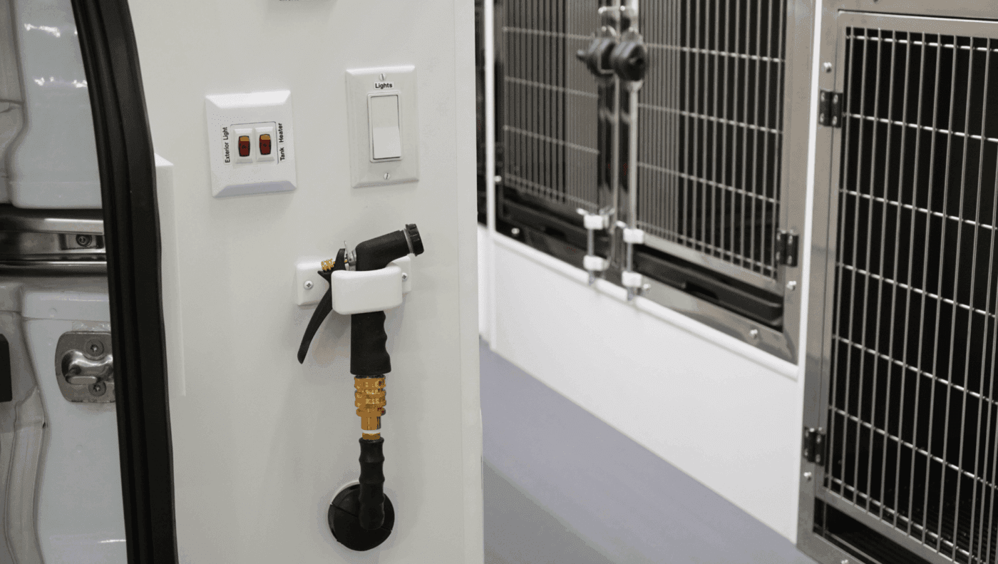 Pet Transport water hose to use for cleaning.